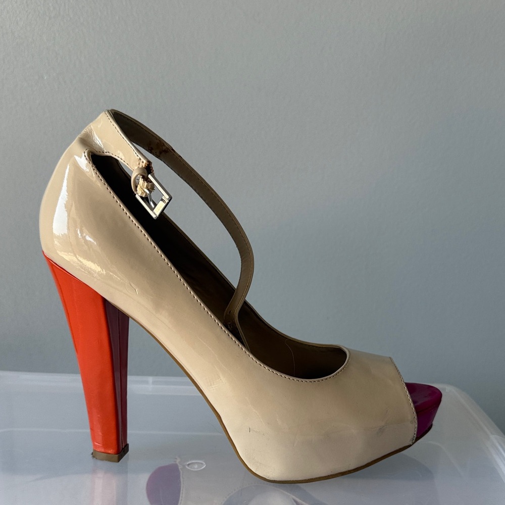 Guess Beige and Red Peep-Toe Heels